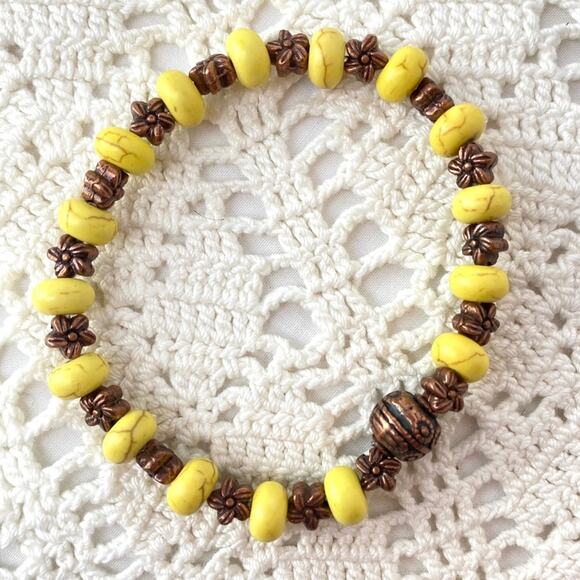 Floral Brass Charm Yellow Howlite Beaded Bracelet - Picture 2 of 2